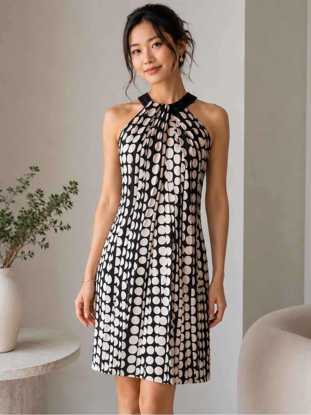 Carmen Marc Valvo Black & Ivory polka dot Pleated Halter Shift Dress EST Sz 8